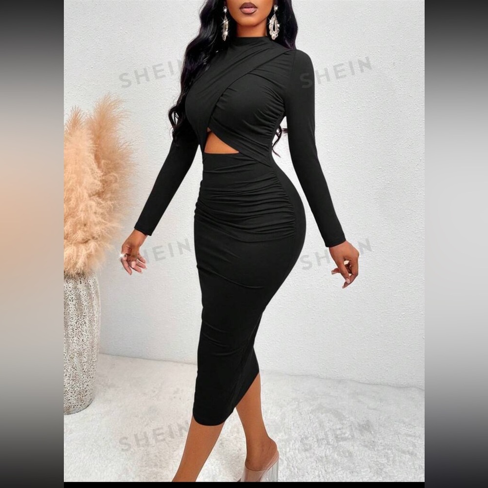 black high neck cut out long sleeve dress